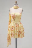 Vestido Curto de Finalistas Amarelo, Sem Alças, Floral com Folhos em Linha A