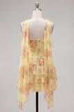 Vestido Curto de Finalistas Amarelo, Sem Alças, Floral com Folhos em Linha A