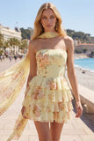 Vestido Curto de Finalistas Amarelo, Sem Alças, Floral com Folhos em Linha A