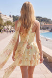 Vestido Curto de Finalistas Amarelo, Sem Alças, Floral com Folhos em Linha A