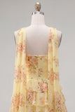 Vestido Curto de Finalistas Amarelo, Sem Alças, Floral com Folhos em Linha A