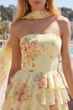 Vestido Curto de Finalistas Amarelo, Sem Alças, Floral com Folhos em Linha A