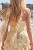 Vestido Curto de Finalistas Amarelo, Sem Alças, Floral com Folhos em Linha A