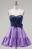 Vestido de Finalistas Roxo Azul-Marinho Roxo A-Line com Folhos e Laço