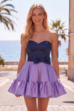 Vestido de Finalistas Roxo Azul-Marinho Roxo A-Line com Folhos e Laço