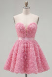 Sweetheart Pink A-Line 3D Floral Vestido Curto de Regresso a Casa com Renda nas Costas
