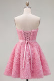 Sweetheart Pink A-Line 3D Floral Vestido Curto de Regresso a Casa com Renda nas Costas