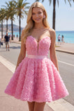 Sweetheart Pink A-Line 3D Floral Vestido Curto de Regresso a Casa com Renda nas Costas