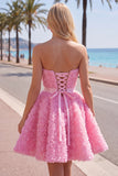 Sweetheart Pink A-Line 3D Floral Vestido Curto de Regresso a Casa com Renda nas Costas