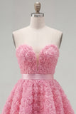 Sweetheart Pink A-Line 3D Floral Vestido Curto de Regresso a Casa com Renda nas Costas