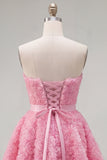 Sweetheart Pink A-Line 3D Floral Vestido Curto de Regresso a Casa com Renda nas Costas