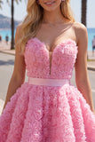 Sweetheart Pink A-Line 3D Floral Vestido Curto de Regresso a Casa com Renda nas Costas