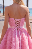 Sweetheart Pink A-Line 3D Floral Vestido Curto de Regresso a Casa com Renda nas Costas