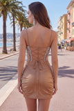 Vestido de regresso às costas caqui Bodycon Franzido Arriscado Com Missangas
