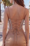 Vestido de regresso às costas caqui Bodycon Franzido Arriscado Com Missangas