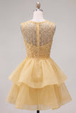 Vestido Amarelo A-Line, decote redondo, camadas, com Pérolas