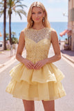 Vestido Amarelo A-Line, decote redondo, camadas, com Pérolas