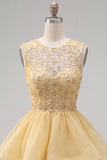 Vestido Amarelo A-Line, decote redondo, camadas, com Pérolas