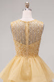 Vestido Amarelo A-Line, decote redondo, camadas, com Pérolas