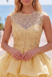 Vestido Amarelo A-Line, decote redondo, camadas, com Pérolas