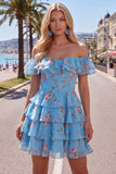 Vestido de Regresso ao Casamento Azul Azul em Linha em A, com camadas, com renda nas costas