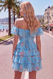 Vestido de Regresso ao Casamento Azul Azul em Linha em A, com camadas, com renda nas costas