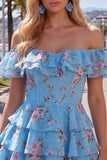 Vestido de Regresso ao Casamento Azul Azul em Linha em A, com camadas, com renda nas costas