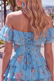 Vestido de Regresso ao Casamento Azul Azul em Linha em A, com camadas, com renda nas costas