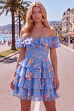 Vestido de Regresso ao Casamento Azul Azul em Linha em A, com camadas, com renda nas costas
