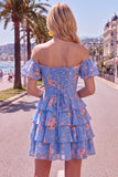 Vestido de Regresso ao Casamento Azul Azul em Linha em A, com camadas, com renda nas costas