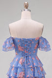Vestido de Regresso ao Casamento Azul Azul em Linha em A, com camadas, com renda nas costas