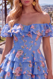 Vestido de Regresso ao Casamento Azul Azul em Linha em A, com camadas, com renda nas costas