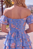 Vestido de Regresso ao Casamento Azul Azul em Linha em A, com camadas, com renda nas costas