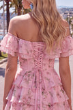 Vestido de Regresso ao Casamento Azul Azul em Linha em A, com camadas, com renda nas costas