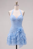 Vestido de Finalistas Azul, Bodycon Bodycon, com camadas e franzados, com flor 3D