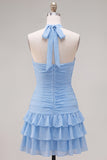 Vestido de Finalistas Azul, Bodycon Bodycon, com camadas e franzados, com flor 3D