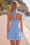 Vestido de Finalistas Azul, Bodycon Bodycon, com camadas e franzados, com flor 3D