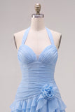 Vestido de Finalistas Azul, Bodycon Bodycon, com camadas e franzados, com flor 3D