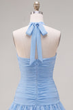 Vestido de Finalistas Azul, Bodycon Bodycon, com camadas e franzados, com flor 3D