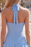 Vestido de Finalistas Azul, Bodycon Bodycon, com camadas e franzados, com flor 3D