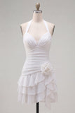 Vestido de Finalistas Azul, Bodycon Bodycon, com camadas e franzados, com flor 3D