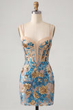 Espartilho bodycon com flor azul, lantejoulas, rendas nas costas, alças finas, vestido curto de regresso a casa