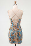 Espartilho bodycon com flor azul, lantejoulas, rendas nas costas, alças finas, vestido curto de regresso a casa