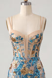 Espartilho bodycon com flor azul, lantejoulas, rendas nas costas, alças finas, vestido curto de regresso a casa