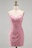 Dusty Rose Bodycon Bodycon, Renda Amontoada, Alças Finas, Vestido Curto de Regresso a Casa com Missangas