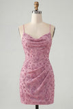 Dusty Rose Bodycon Bodycon, Renda Amontoada, Alças Finas, Vestido Curto de Regresso a Casa com Missangas
