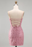 Dusty Rose Bodycon Bodycon, Renda Amontoada, Alças Finas, Vestido Curto de Regresso a Casa com Missangas