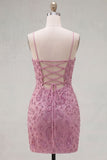 Dusty Rose Bodycon Bodycon, Renda Amontoada, Alças Finas, Vestido Curto de Regresso a Casa com Missangas