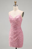 Dusty Rose Bodycon Bodycon, Renda Amontoada, Alças Finas, Vestido Curto de Regresso a Casa com Missangas