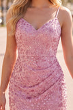 Dusty Rose Bodycon Bodycon, Renda Amontoada, Alças Finas, Vestido Curto de Regresso a Casa com Missangas